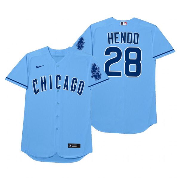 Mens Chicago Cubs #28 Kyle Hendricks Nike Nike Powder Blue 2021 Players' Weekend Nickname Hendo Jersey