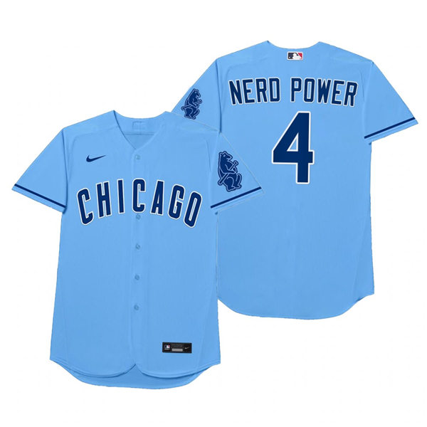 Mens Chicago Cubs #4 Eric Sogard Nike Nike Powder Blue 2021 Players' Weekend Nickname Nerd Power Jersey