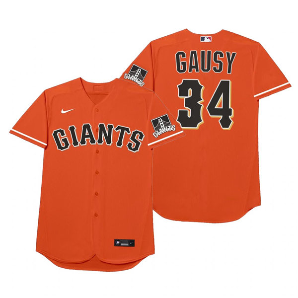 Mens San Francisco Giants #34 Kevin Gausman Nike Orange 2021 Players' Weekend Nickname Gausy Jersey