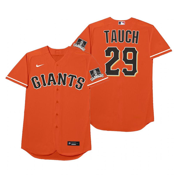 Mens San Francisco Giants #29 Mike Tauchman Nike Orange 2021 Players' Weekend Nickname Tauch Jersey Mens San Francisco Giants #29 Mike Tauchman Nike Orange 2021 Players' Weekend Nickname Tauch Jersey