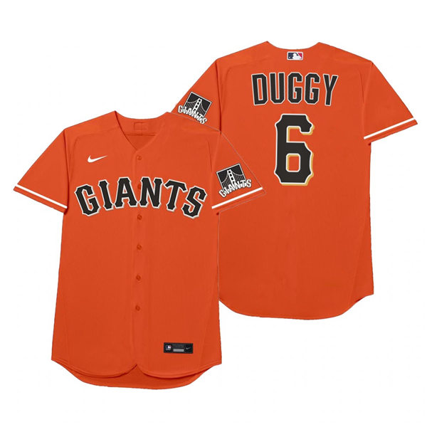 Mens San Francisco Giants #6 Steven Duggar Nike Orange 2021 Players' Weekend Nickname Duggy Jersey