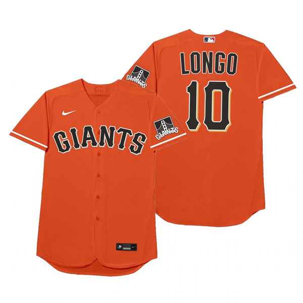 Mens San Francisco Giants #10 Evan Longoria Nike Orange 2021 Players' Weekend Nickname Longo Jersey