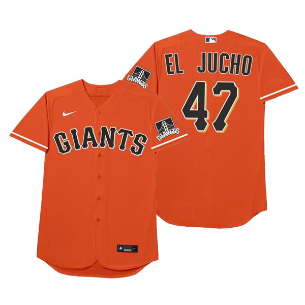 Mens San Francisco Giants #47 Johnny Cueto Nike Orange 2021 Players' Weekend Nickname El Jucho Jersey