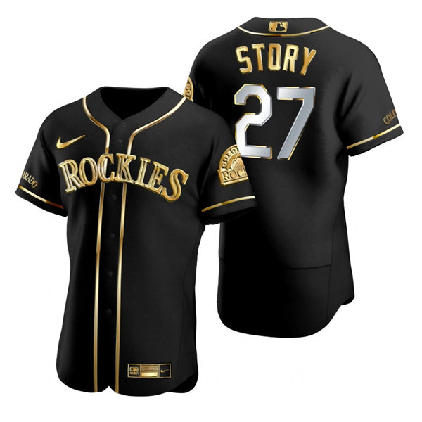 Mens Colorado Rockies #27 Trevor Story Nike Black Gold Edition Jersey