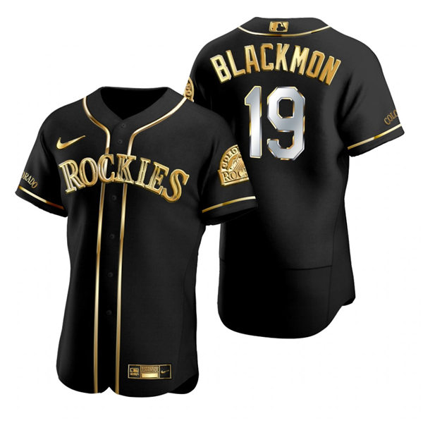Mens Colorado Rockies #19 Charlie Blackmon Nike Black Gold Edition Jersey