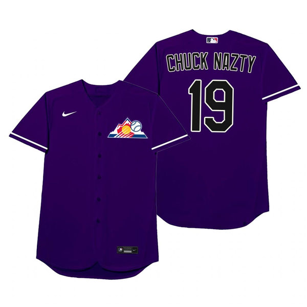 Mens Colorado Rockies #19 Charlie Blackmon Nike Purple 2021 Players' Weekend Nickname Chuck Nazty Jersey Mens Colorado Rockies #19 Charlie Blackmon Nike Purple 2021 Players' Weekend Nickname Chuck Nazty Jersey