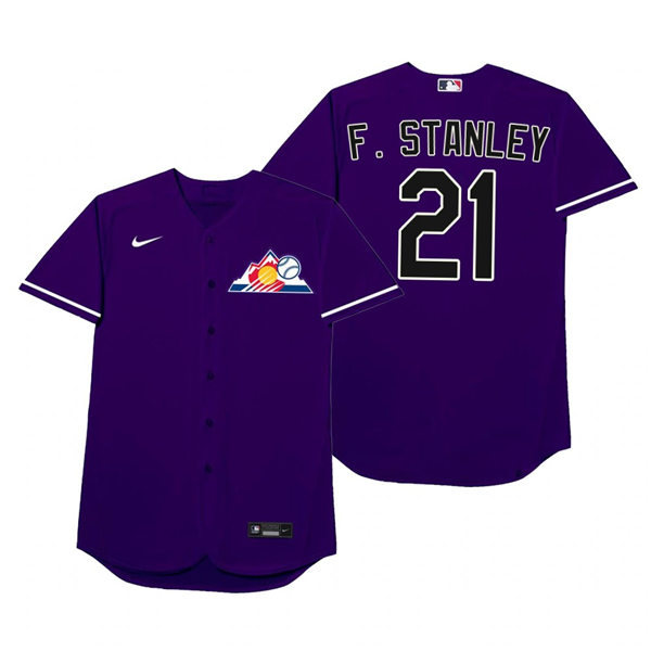Mens Colorado Rockies #21 Kyle Freeland Nike Purple 2021 Players' Weekend Nickname F. Stanley Jersey
