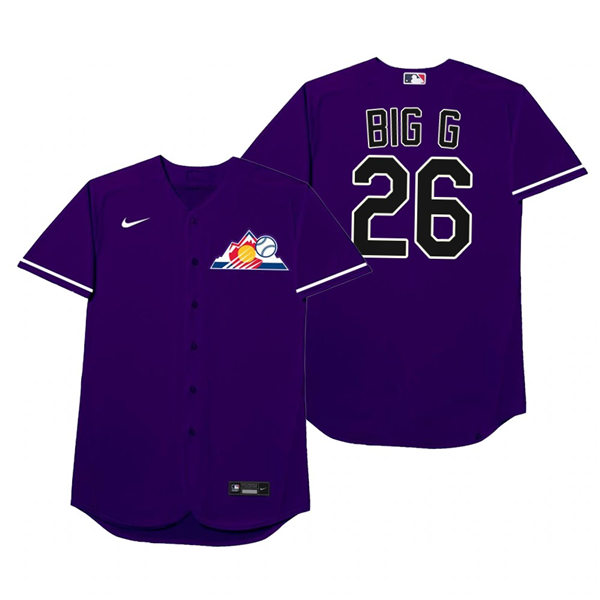 Mens Colorado Rockies #26 Austin Gomber Nike Purple 2021 Players' Weekend Nickname Big G Jersey