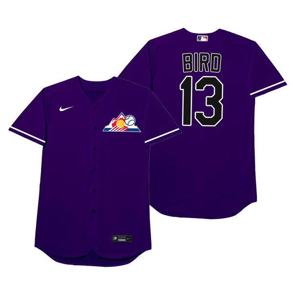 Mens Colorado Rockies #13 Greg Bird Nike Purple 2021 Players' Weekend Nickname Bird Jersey