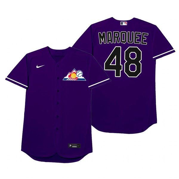 Mens Colorado Rockies #48 German Marquez Nike Purple 2021 Players' Weekend Nickname Marquee Jersey Mens Colorado Rockies #48 German Marquez Nike Purple 2021 Players' Weekend Nickname Marquee Jersey