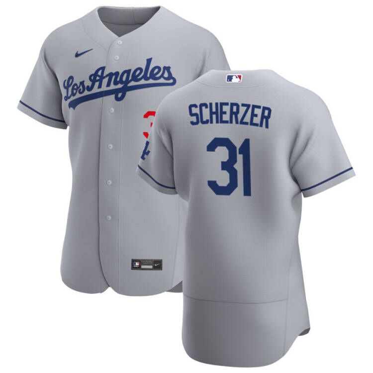 Mens Los Angeles Dodgers #31 Max Scherzer Nike Grey Los Angeles Alternate FlexBase Jersey