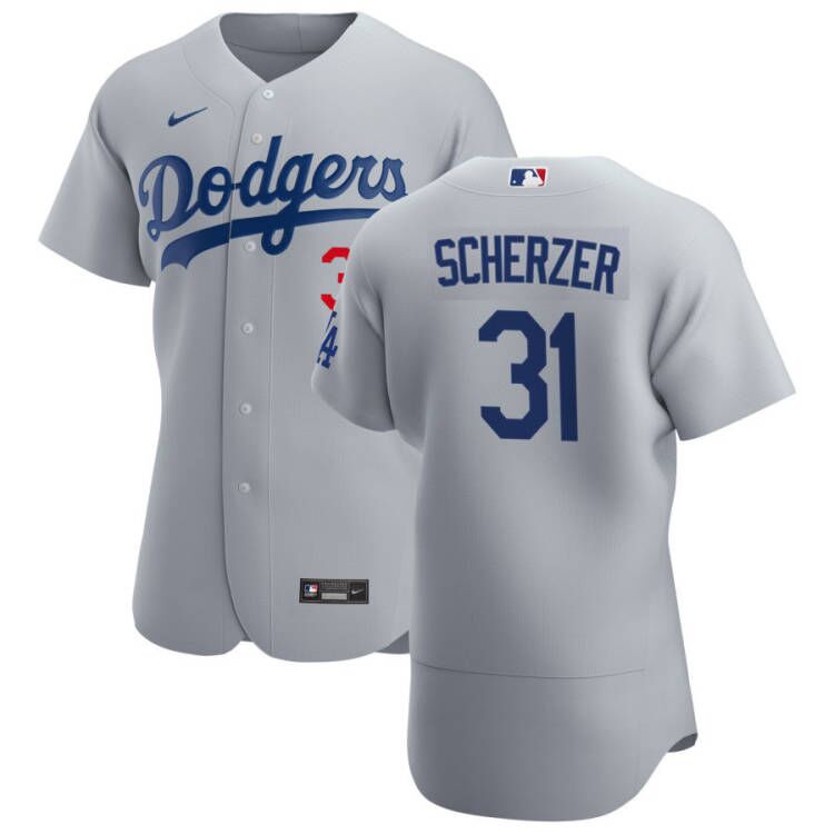 Mens Los Angeles Dodgers #31 Max Scherzer Nike Grey Road FlexBase Jersey