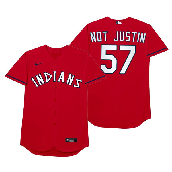 Mens Cleveland Indians #57 Shane Bieber Nike Red 2021 Players' Weekend Nickname Not Justin Jersey Mens Cleveland Indians #57 Shane Bieber Nike Red 2021 Players' Weekend Nickname Not Justin Jersey