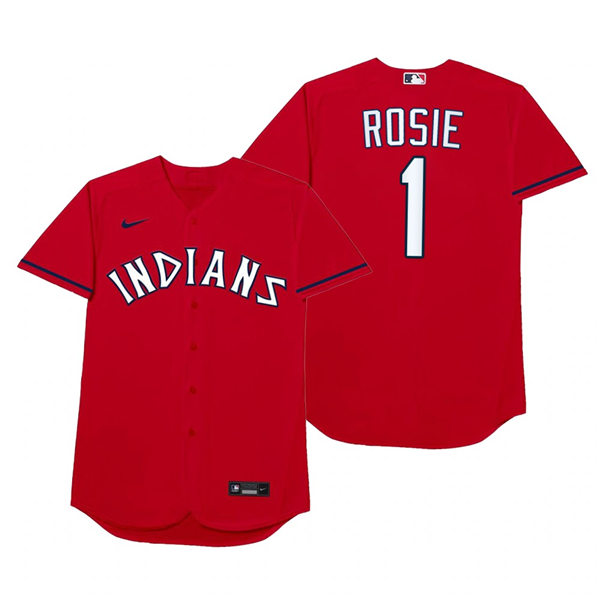 Mens Cleveland Indians #1 Amed Rosario Nike Red 2021 Players' Weekend Nickname Rosie Jersey Mens Cleveland Indians #1 Amed Rosario Nike Red 2021 Players' Weekend Nickname Rosie Jersey