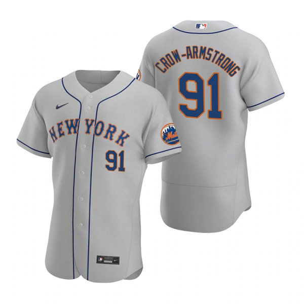 Mens New York Mets #91 Pete Crow-Armstrong Gray Road Stitched Nike MLB FlexBase Jersey Mens New York Mets #91 Pete Crow-Armstrong Gray Road Stitched Nike MLB FlexBase Jersey