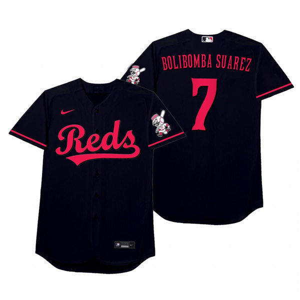 Mens Cincinnati Reds #7 Eugenio Suarez Nike Black 2021 Players' Weekend Nickname Bolibomba Suarez Jersey Mens Cincinnati Reds #7 Eugenio Suarez Nike Black 2021 Players' Weekend Nickname Bolibomba Suarez Jersey