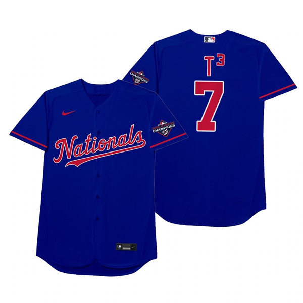 Mnes Washington Nationals #7 Trea Turner Nike Royal 2021 Players' Weekend Nickname T3 Jersey