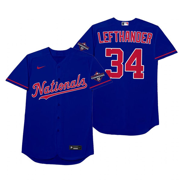 Mnes Washington Nationals #34 Jon Lester Nike Royal 2021 Players' Weekend Nickname Lefthander Jersey Mnes Washington Nationals #34 Jon Lester Nike Royal 2021 Players' Weekend Nickname Lefthander Jersey
