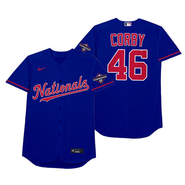 Mnes Washington Nationals #46 Patrick Corbin Nike Royal 2021 Players' Weekend Nickname Corby Jersey Mnes Washington Nationals #46 Patrick Corbin Nike Royal 2021 Players' Weekend Nickname Corby Jersey