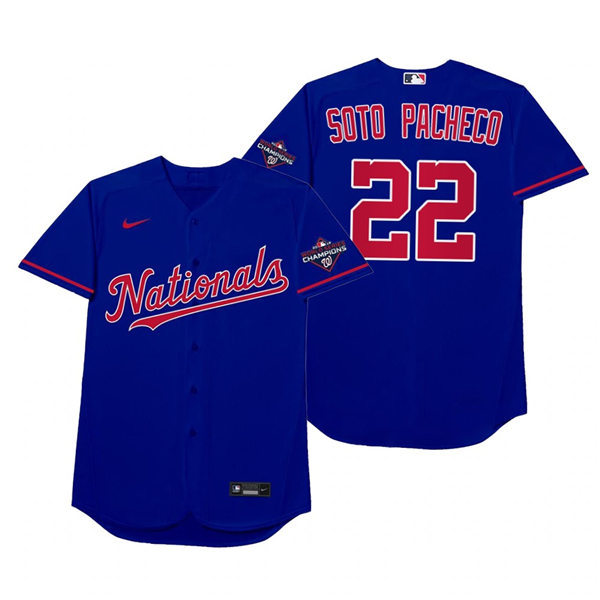 Mnes Washington Nationals #22 Juan Soto Nike Royal 2021 Players' Weekend Nickname Soto Pacheco Jersey Mnes Washington Nationals #22 Juan Soto Nike Royal 2021 Players' Weekend Nickname Soto Pacheco Jersey