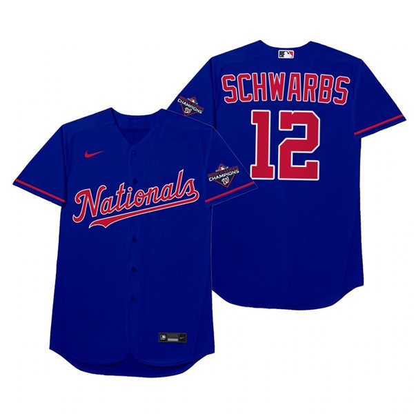 Mnes Washington Nationals #12 Kyle Schwarber Nike Royal 2021 Players' Weekend Nickname Schwarbs Jersey