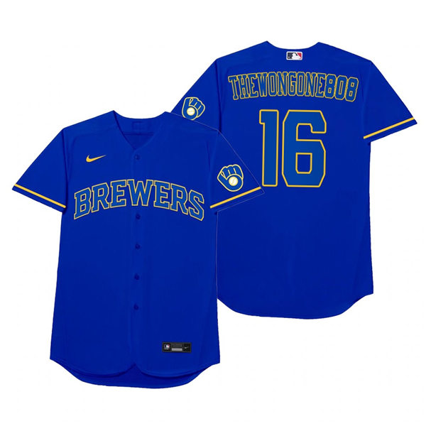 Mens Milwaukee Brewers #16 Kolten Wong Nike Royal 2021 Players' Weekend Nickname Thewongone808 Jersey