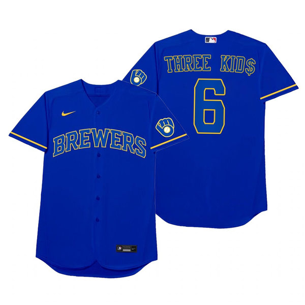 Mens Milwaukee Brewers #6 Lorenzo Cain Nike Royal 2021 Players' Weekend Nickname Three Kid$ Jersey