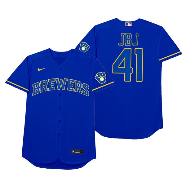 Mens Milwaukee Brewers #41 Jackie Bradley Jr. Nike Royal 2021 Players' Weekend Nickname JBJ Jersey