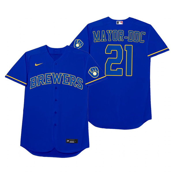 Mens Milwaukee Brewers #21 Travis Shaw Nike Royal 2021 Players' Weekend Nickname Mayor-Ddc Jersey