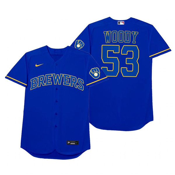 Mens Milwaukee Brewers #53 Brandon Woodruff Nike Royal 2021 Players' Weekend Nickname Woody Jersey
