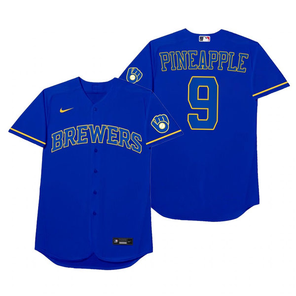 Mens Milwaukee Brewers #9 Manny Pina Nike Royal 2021 Players' Weekend Nickname Pineapple Jersey Mens Milwaukee Brewers #9 Manny Pina Nike Royal 2021 Players' Weekend Nickname Pineapple Jersey
