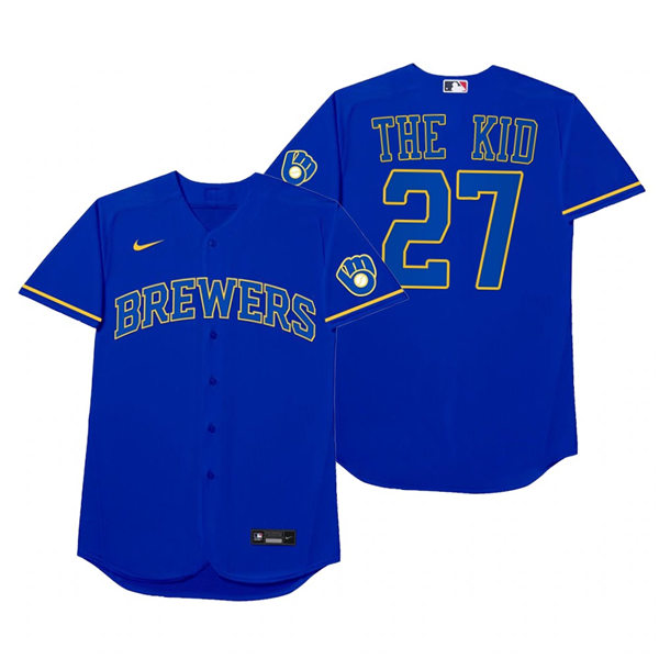 Mens Milwaukee Brewers #27 Willy Adames Nike Royal 2021 Players' Weekend Nickname The Kid Jersey
