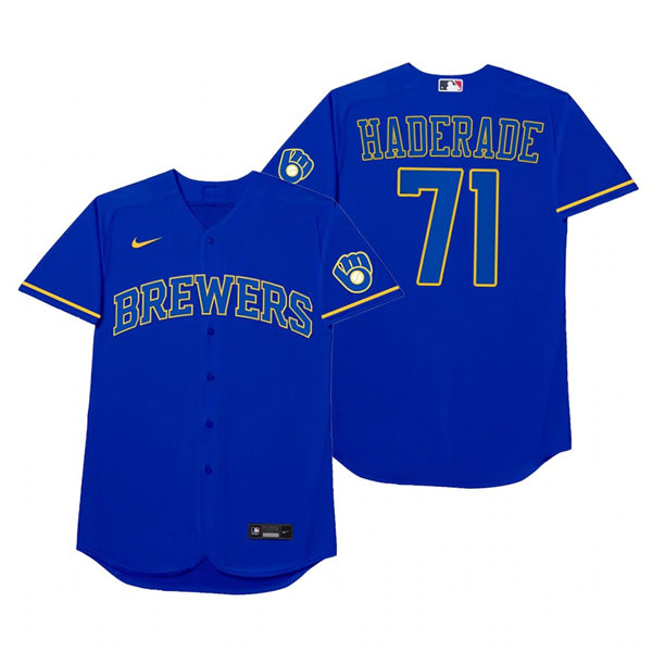 Mens Milwaukee Brewers #71 Josh Hader Nike Royal 2021 Players' Weekend Nickname Haderade Jersey