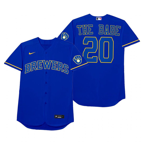 Mens Milwaukee Brewers #20 Daniel Vogelbach Nike Royal 2021 Players' Weekend Nickname The Babe Jersey
