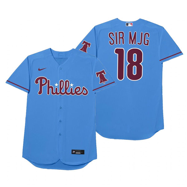 Mens Philadelphia Phillies #18 Didi Gregorius Nike Powder Blue 2021 Players' Weekend Nickname Sir MJG Jersey Mens Philadelphia Phillies #18 Didi Gregorius Nike Powder Blue 2021 Players' Weekend Nickname Sir MJG Jersey