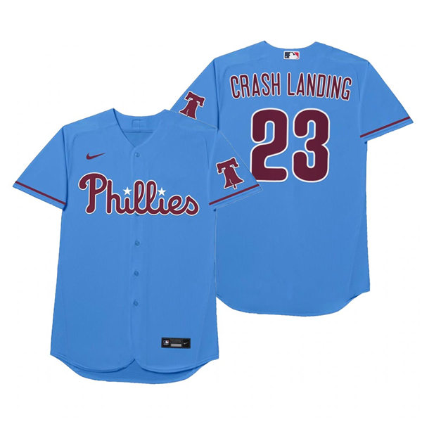 Mens Philadelphia Phillies #23 Archie Bradley Nike Powder Blue 2021 Players' Weekend Nickname Crash Landing Jersey