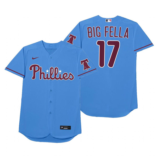 Mens Philadelphia Phillies #17 Rhys Hoskins Nike Powder Blue 2021 Players' Weekend Nickname Big Fella Jersey Mens Philadelphia Phillies #17 Rhys Hoskins Nike Powder Blue 2021 Players' Weekend Nickname Big Fella Jersey