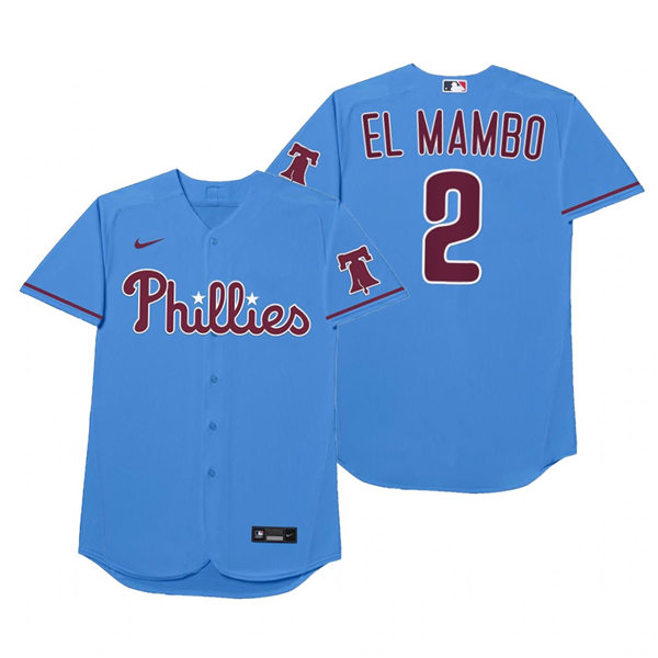 Mens Philadelphia Phillies #2 Jean Segura Nike RPowder Blue 2021 Players' Weekend Nickname El Mambo Jersey Mens Philadelphia Phillies #2 Jean Segura Nike RPowder Blue 2021 Players' Weekend Nickname El Mambo Jersey
