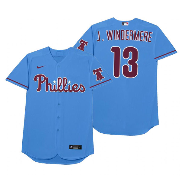 Mens Philadelphia Phillies #13 Brad Miller J. Nike Powder Blue 2021 Players' Weekend Nickname Windermere Jersey Mens Philadelphia Phillies #13 Brad Miller J. Nike Powder Blue 2021 Players' Weekend Nickname Windermere Jersey