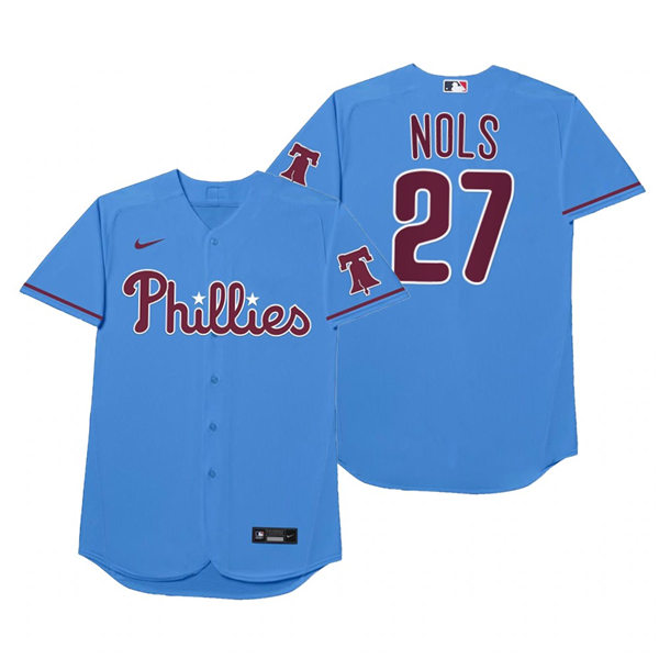 Mens Philadelphia Phillies #27 Aaron Nola Nike Powder Blue 2021 Players' Weekend Nickname Nols Jersey Mens Philadelphia Phillies #27 Aaron Nola Nike Powder Blue 2021 Players' Weekend Nickname Nols Jersey