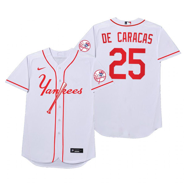 Mens New York Yankees #25 Gleyber Torres Nike White 2021 Players' Weekend Nickname De Caracas Jersey