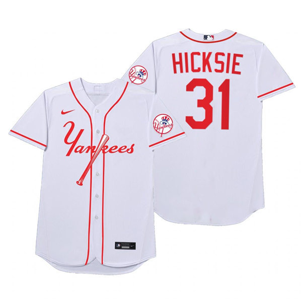 Mens New York Yankees #31 Aaron Hicks Nike White 2021 Players' Weekend Nickname Hicksie Jersey