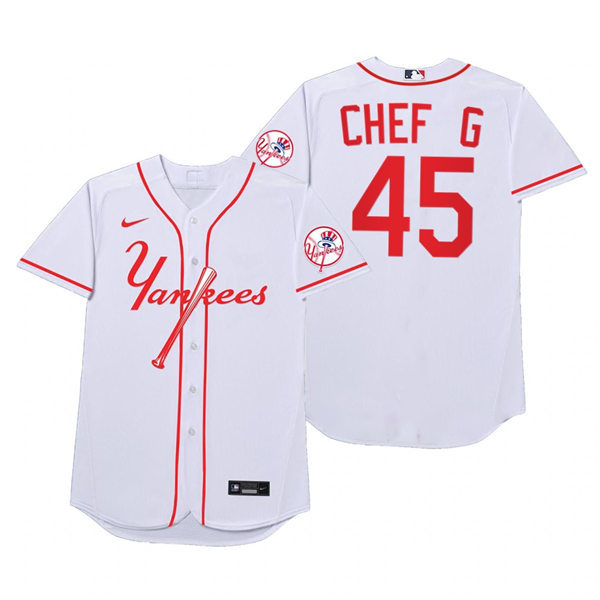 Mens New York Yankees #45 Gerrit Cole Nike White 2021 Players' Weekend Nickname Chef G Jersey