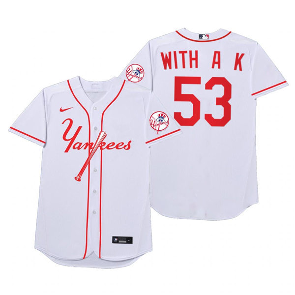 Mens New York Yankees #53 Zack Britton Nike White 2021 Players' Weekend Nickname With A K Jersey