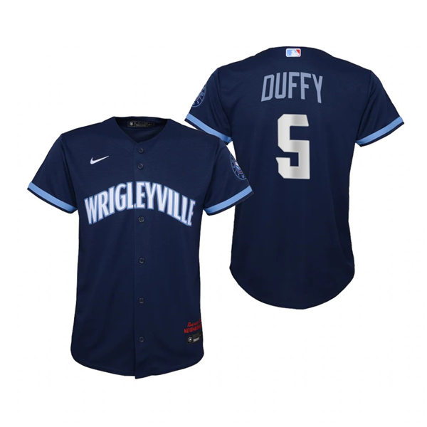 Youth Chicago Cubs #5 Matt Duffy Nike Navy 2021 City Connect Jersey