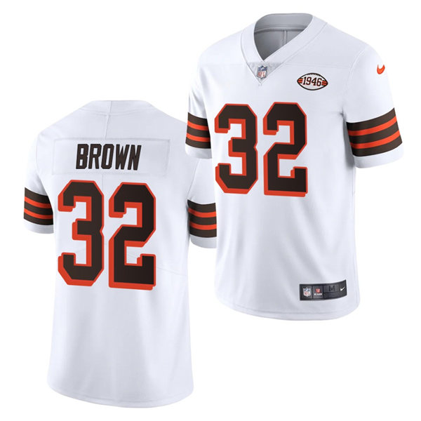 Mens Cleveland Browns Retired Player #32 Jim Brown Nike 2021 White Retro 1946 75th Anniversary Jersey Mens Cleveland Browns Retired Player #32 Jim Brown Nike 2021 White Retro 1946 75th Anniversary Jersey