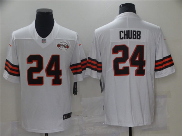 Mens Cleveland Browns #24 Nick Chubb Nike 2021 White Retro 1946 75th Anniversary Jersey