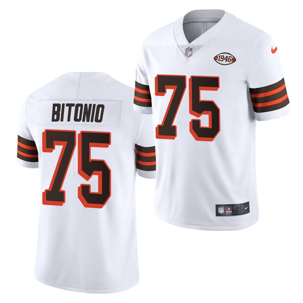 Mens Cleveland Browns #75 Joel Bitonio Nike 2021 White Retro 1946 75th Anniversary Jersey Mens Cleveland Browns #75 Joel Bitonio Nike 2021 White Retro 1946 75th Anniversary Jersey