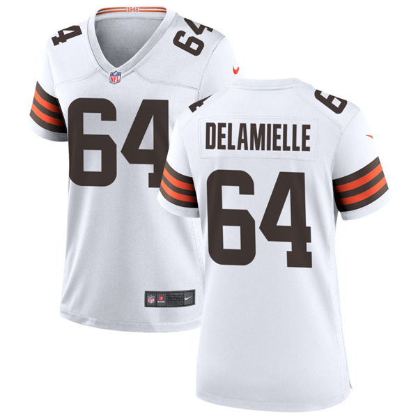 Womens Cleveland Browns Retired Player #64 Joe DeLamielleure Nike White Away Vapor Limited Jersey