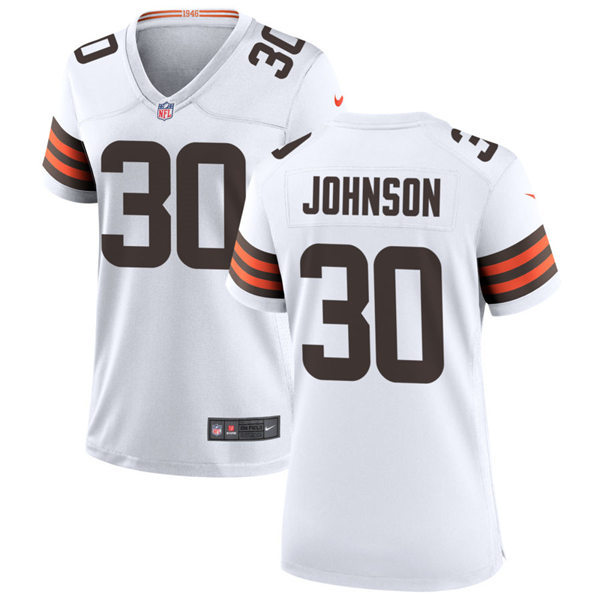 Womens Cleveland Browns #30 D'Ernest Johnson Nike White Away Vapor Limited Jersey